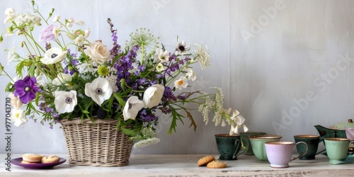 rustic bohemian purple white floral arrangement lavender lilac flowers poppies