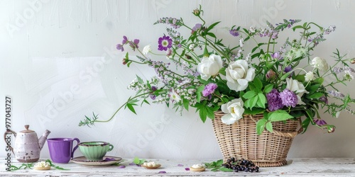 rustic bohemian purple white floral arrangement lavender lilac flowers poppies