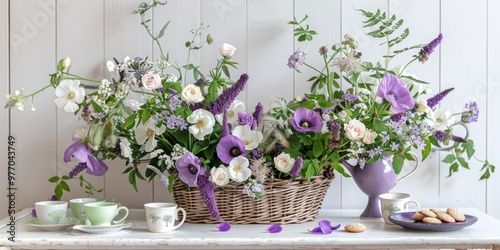 rustic bohemian purple white floral arrangement lavender lilac flowers poppies