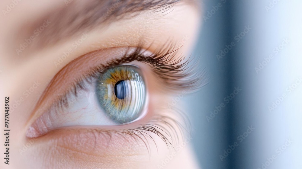 Obraz premium A close-up of an eye showcasing vibrant colors and intricate details of the iris and eyelashes.