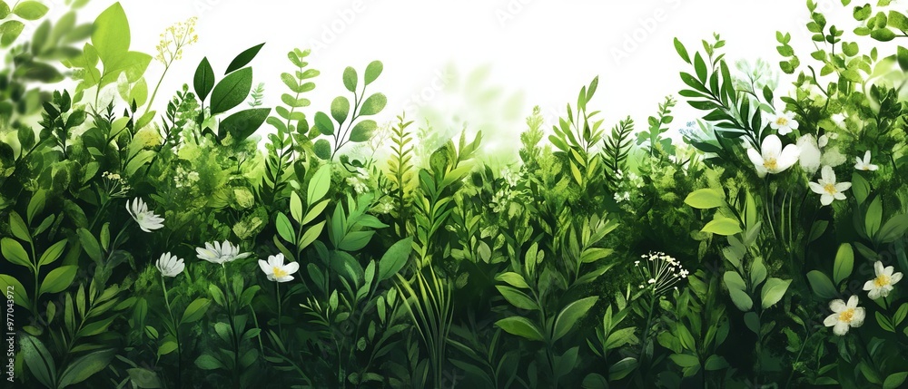 A vibrant collection of lush green foliage and delicate white flowers, creating a serene and natural landscape backdrop. A vibrant collection of lush green foliage and delicate white flowers, creating a serene and natural landscape backdrop.