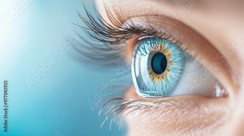 A close-up of a vibrant blue eye with intricate details, showcasing eyelashes and a captivating iris pattern.