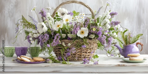 rustic bohemian purple white floral arrangement lavender lilac flowers poppies