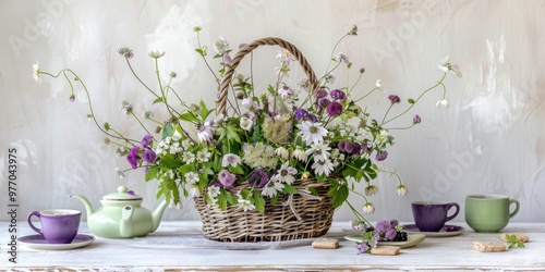 rustic bohemian purple white floral arrangement lavender lilac flowers poppies