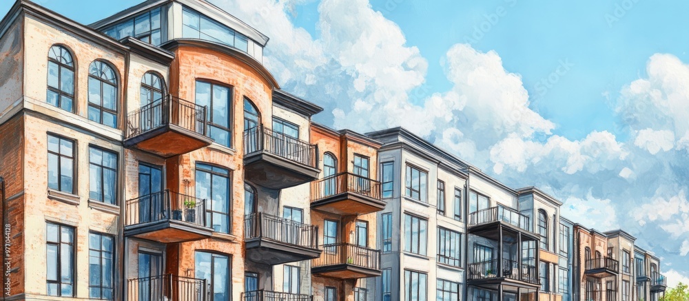 New apartment buildings featuring windows and balconies showcasing a contemporary European architectural style alongside outdoor amenities Mixed media composition New apartment buildings featuring windows and balconies showcasing a contemporary European architectural style alongside outdoor amenities Mixed media composition