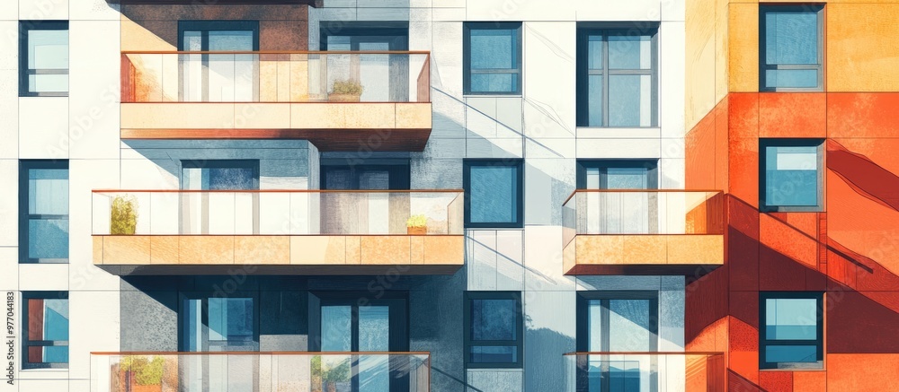 Modern apartment complex featuring windows and balconies complemented by outdoor amenities and a contemporary design Mixed media composition