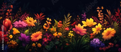 A vibrant floral arrangement with diverse colors and types of flowers, creating a lively and enchanting atmosphere.