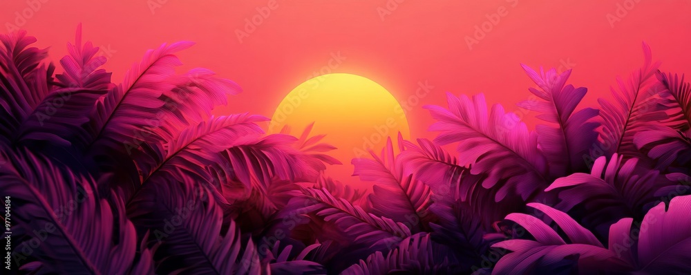 Obraz premium A vibrant sunset casting warm hues over lush tropical foliage, creating a serene and picturesque nature scene.