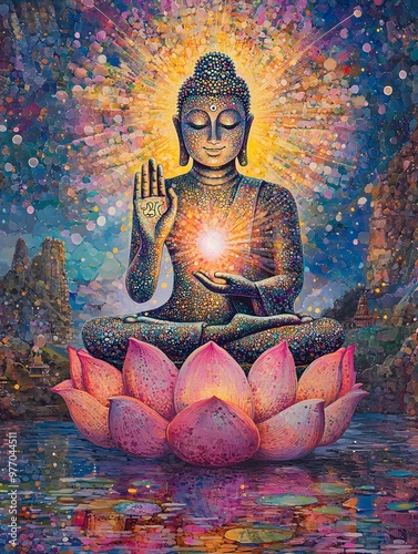 Buddha Holding Psychedelic Lotus with Luminous Reflections and Nature-Inspired Patterns
