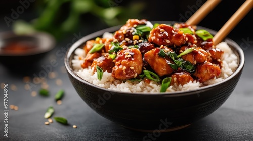 A mouth-watering dish featuring succulent glazed chicken pieces garnished with green onions and sesame seeds, perfectly arranged over fluffy white rice in a black bowl. photo