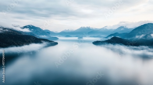 Wallpaper Mural A tranquil landscape image of a serene lake enveloped by misty mountains. The soft morning light creates a peaceful and calm atmosphere, capturing nature at its finest. Torontodigital.ca