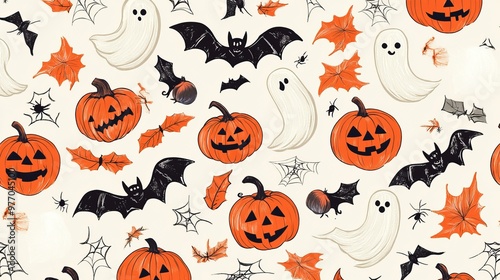 Celebrate Halloween with this adorable hand-drawn pattern featuring pumpkins, ghosts, bats, and spiders. Perfect for fabric, wallpaper, or other festive decorations.