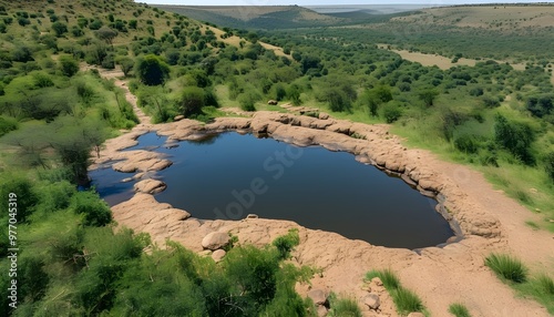 Aerial view of Balule Nu waterhole showcasing elephants in Maruleng Nature Reserve, Limpopo, Africa photo