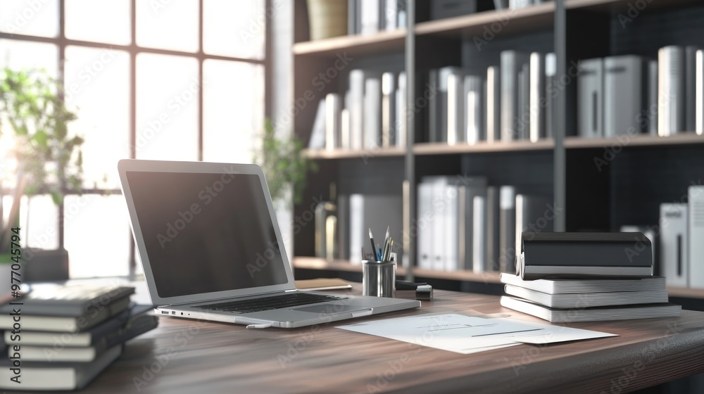Fototapeta premium Laptop on a Desk in a Modern Office