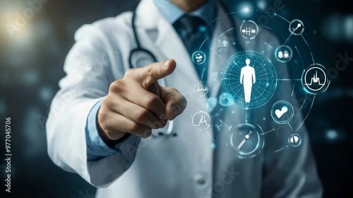 A doctor's hand pointing forward, the arm clad in a white doctor's coat. In the foreground, several circles containing medical icons such as a stethoscope, a syringe, a pill, and a heart monitor.