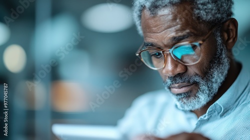 A man is seen wearing a grey sweater while reading a document intently in an indoor setting, suggesting a focused and concentrated atmosphere.