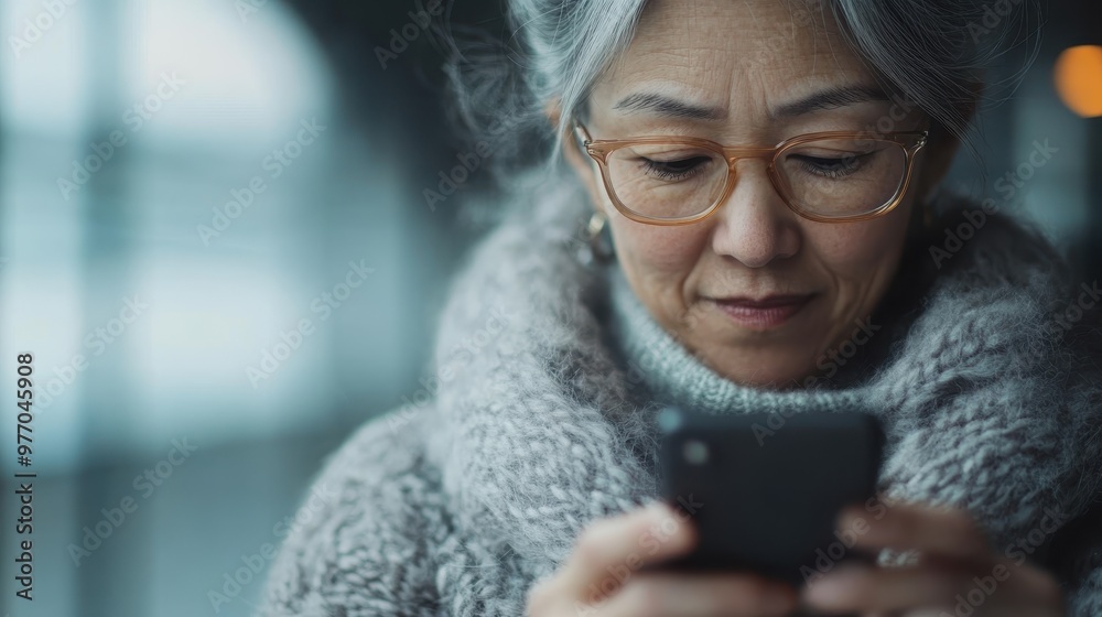 An elderly woman with glasses deeply focused on her smartphone, surrounded by a modern interior, symbolizing connection, technology, and digital literacy. An elderly woman with glasses deeply focused on her smartphone, surrounded by a modern interior, symbolizing connection, technology, and digital literacy.
