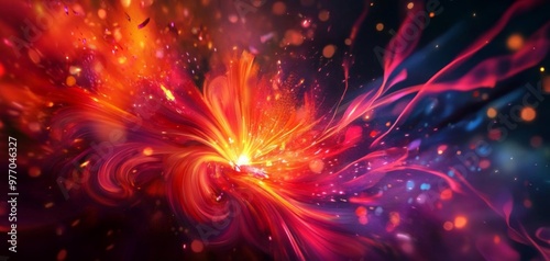 Vibrant abstract swirl radiating warmth and energy, showcasing a dance of colors in a mesmerizing composition of light.