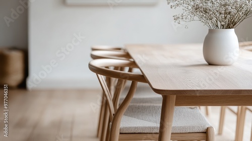 Elegant minimalist dining table setting with light-toned wooden chairs lined up neatly and a simple white vase with flowers as a centerpiece, creating a serene atmosphere.