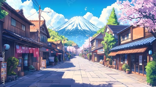 Anime Manga Drawing of Cozy Old Japanese Street with Small Shops, Mount Fuji, Cherry Blossoms, and Blue Sky