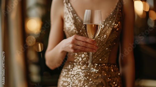 A woman with a glass of champagne in her hand in an elegant dress 
