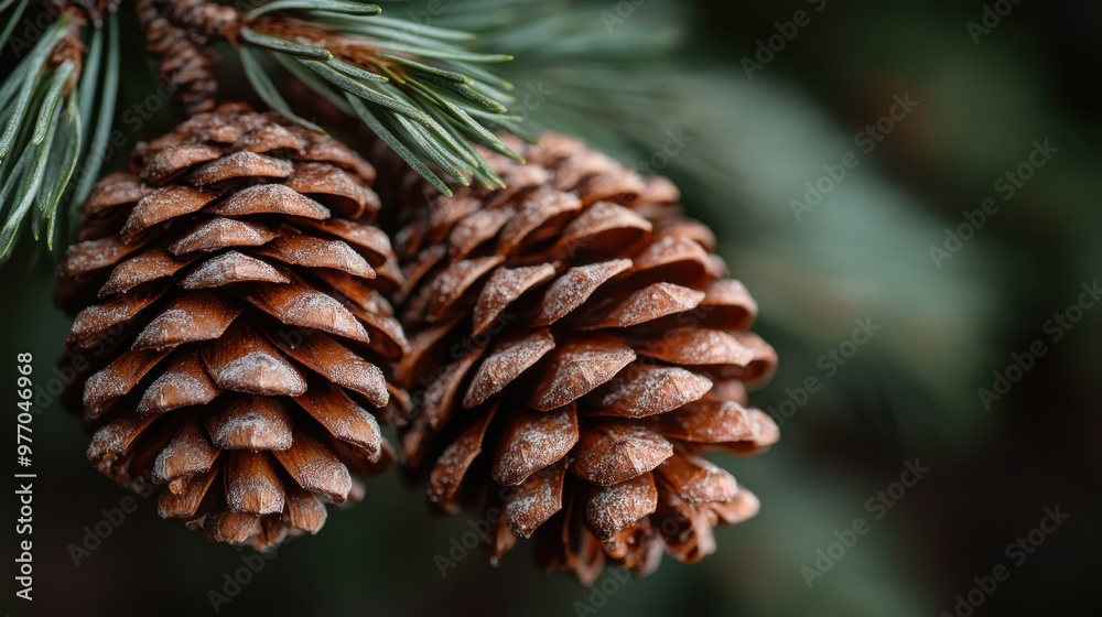 Close-up of two pine cones hanging from a green branch with a beautifully blurred background, highlighting the textures and details of the natural elements. Close-up of two pine cones hanging from a green branch with a beautifully blurred background, highlighting the textures and details of the natural elements.