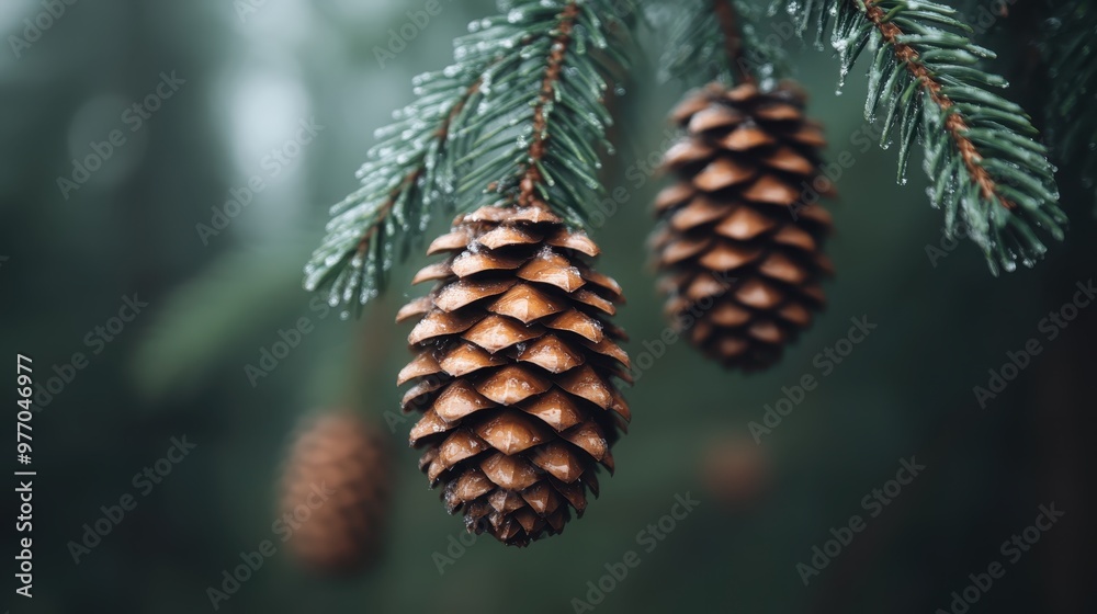 Single pine cone dangling from a branch covered in dew drops, against a misty, serene background, perfectly capturing the essence of a damp morning in the woods. Single pine cone dangling from a branch covered in dew drops, against a misty, serene background, perfectly capturing the essence of a damp morning in the woods.