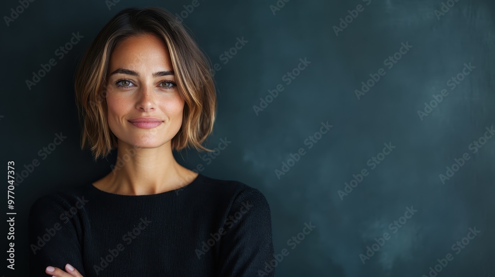 A woman with short hair and bright eyes exudes confidence in a sleek black top, standing against a simple dark background, portraying modern sophistication. A woman with short hair and bright eyes exudes confidence in a sleek black top, standing against a simple dark background, portraying modern sophistication.