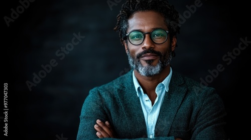 A distinguished man with glasses dressed in a casual dark outfit, standing confidently against a dark backdrop, showcasing maturity and wisdom in style. photo