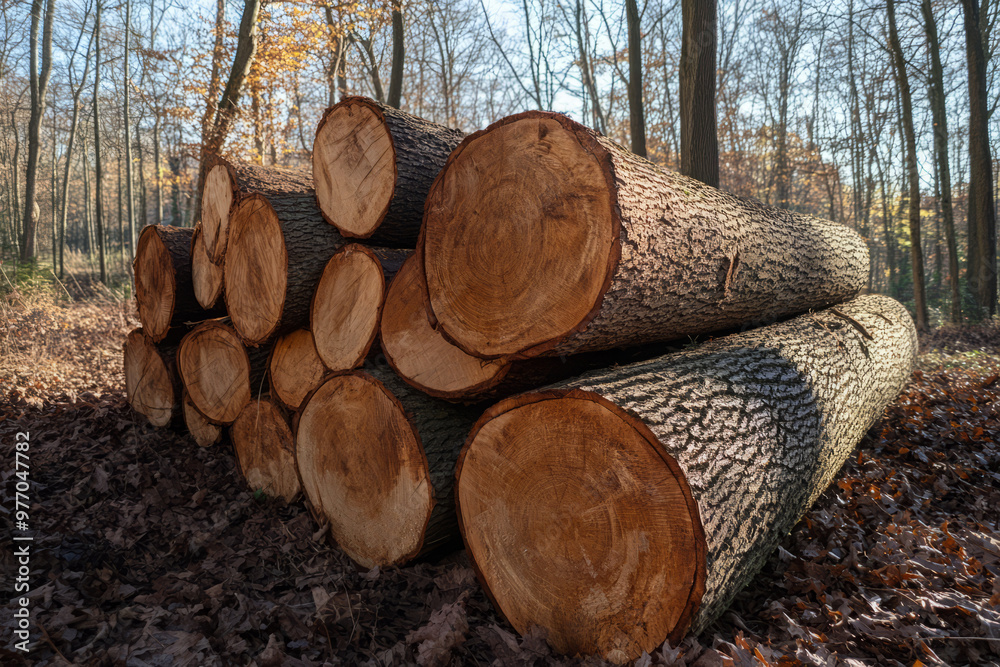 Pile of freshly cut logs stacked in forest. Concept of forestry, logging and natural resources. Pile of freshly cut logs stacked in forest. Concept of forestry, logging and natural resources.