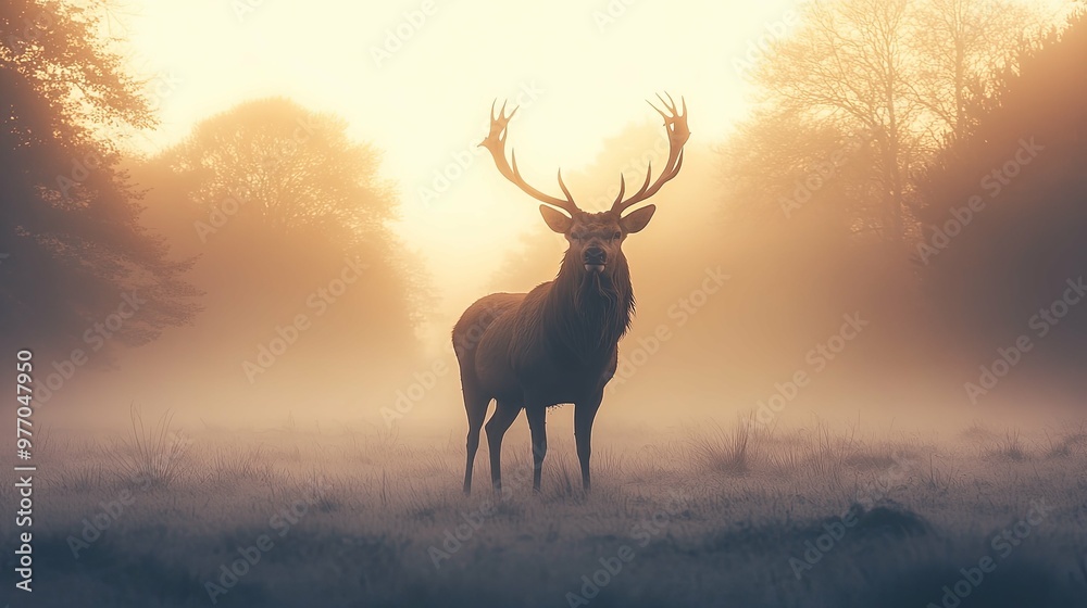 A Majestic Red Deer Stands in a Misty Forest at Sunrise A Majestic Red Deer Stands in a Misty Forest at Sunrise