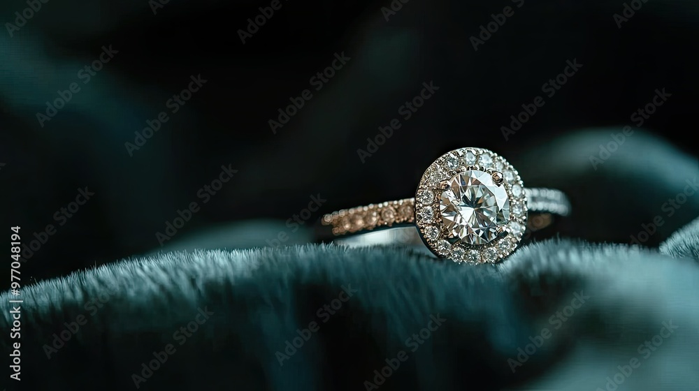 A side view of a diamond engagement ring with a halo setting, resting on a soft velvet background, highlighting the elegance of the design.