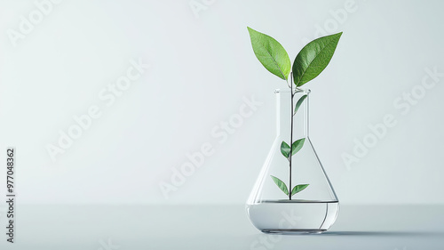 Conical flask with a plant growing inside, symbolizing eco-friendly drug research, Green medicine, Pharmaceutical sustainability
