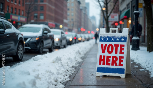 "Vote Here" sign on a snowy New York sidewalk in winter, emphasizing voting location in cold weather.