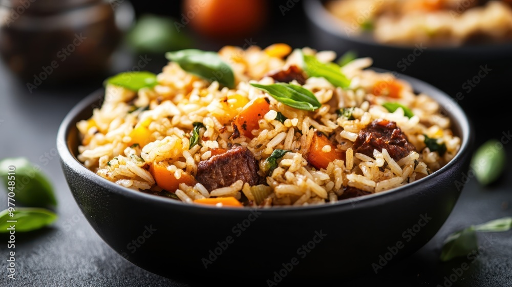 A gourmet dish featuring a bowl of rice garnished with diced meat and mixed vegetables, highlighting culinary expertise, balanced diet, and flavorful presentation. A gourmet dish featuring a bowl of rice garnished with diced meat and mixed vegetables, highlighting culinary expertise, balanced diet, and flavorful presentation.
