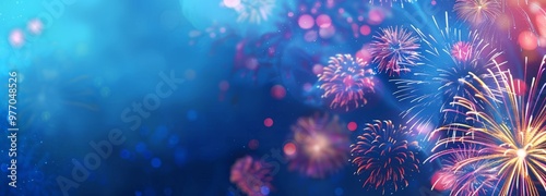 Colorful fireworks on the blue background with a place for text
