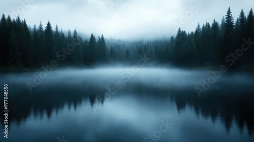 A serene and moody landscape of a fog-covered lake nestled within a dense pine forest, presenting a peaceful and tranquil natural scenery with a mysterious ambiance.