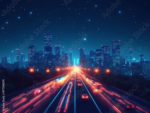 A view of a highway at night with the cityscape and a starry night sky in the background.