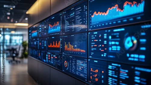 Wall of Screens Displaying Financial Data and Graphs in an Office