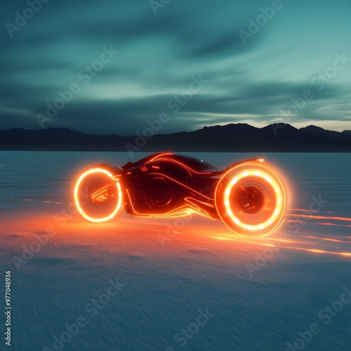 Tron Light Cycle Speeding Across Open Digital Salt Plains