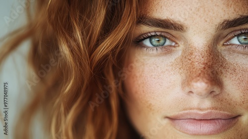 This image shows a close-up of golden brown hair with gentle, loose curls, capturing the texture and shine of the strands in a detailed and vibrant manner. photo