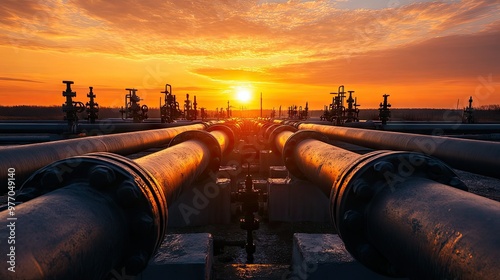 A sunset view of an oil field, with pipelines and valves silhouetted against the orange sky, emphasizing the vast scale of the operation.