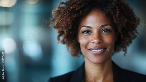 A vibrant woman in a business setting flashes a wide, genuine smile, her curly hair framing her face and reflecting both energy and openness.