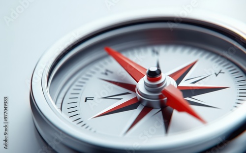 Close-up of a classic compass with a red needle pointing north, highlighting navigation and exploration concepts