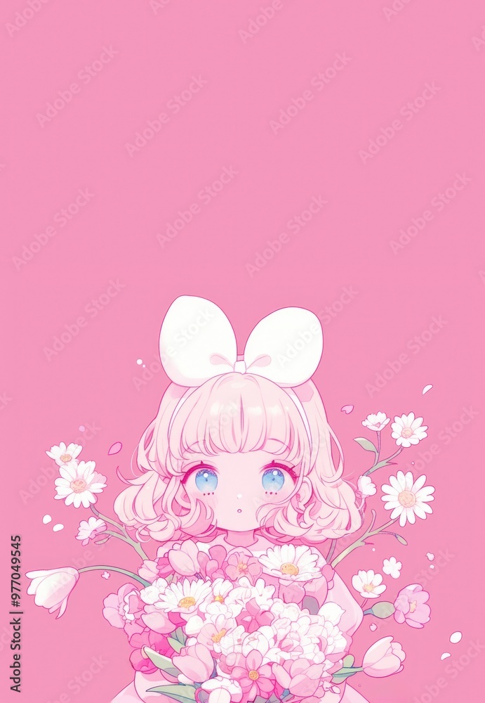 pink daisy and tulip bouquet cute girl ribbon bow anime clipart card pink daisy and tulip bouquet cute girl ribbon bow anime clipart card