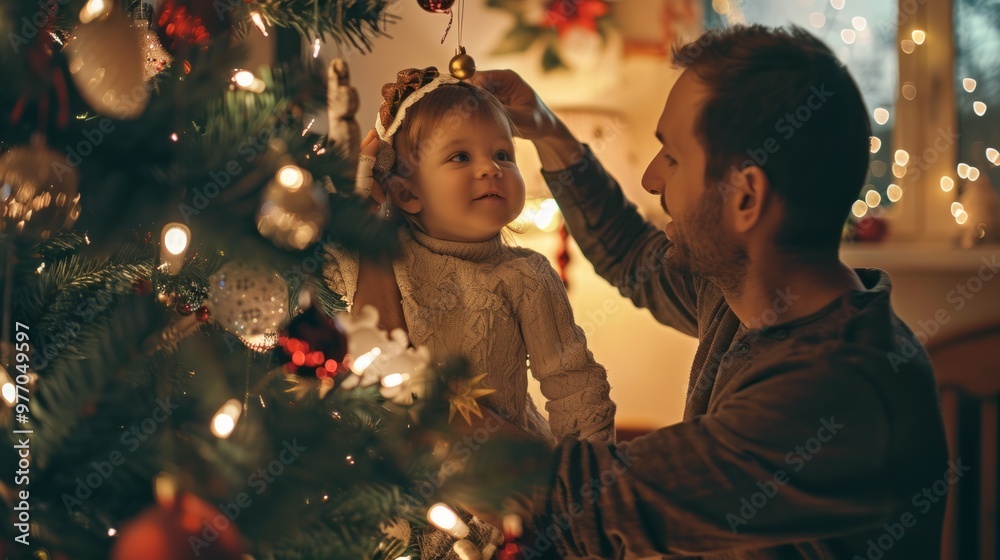 Father and daughter decorate the Christmas tree Father and daughter decorate the Christmas tree