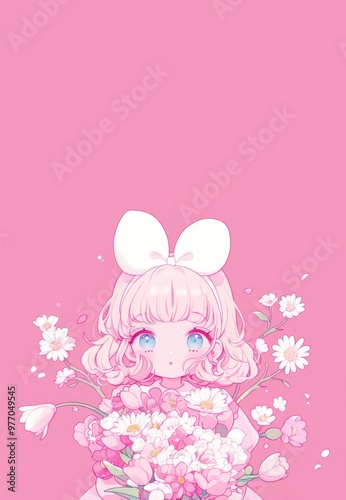 pink daisy and tulip bouquet cute girl ribbon bow anime clipart card