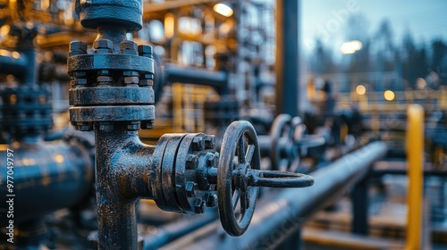 A wide shot of an oil field with pipelines, valves, and machinery all working together, emphasizing the industrial complexity of oil production.