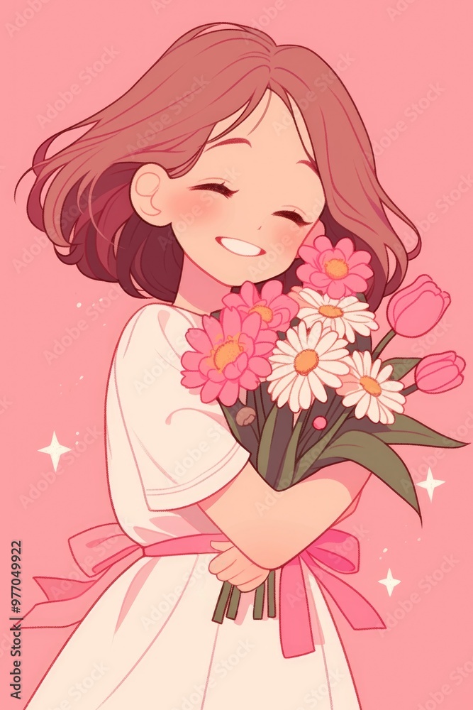 pink daisy and tulip bouquet cute girl ribbon bow anime clipart card pink daisy and tulip bouquet cute girl ribbon bow anime clipart card