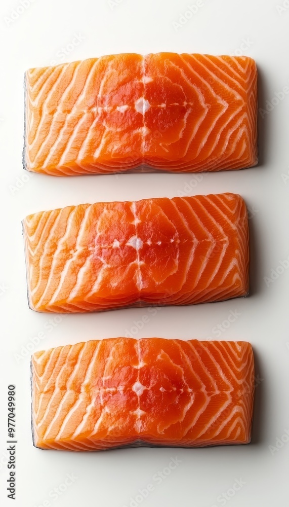 Three Fresh Salmon Fillets, Isolated on White Background, Top View, Perfect for Healthy Recipes Three Fresh Salmon Fillets, Isolated on White Background, Top View, Perfect for Healthy Recipes
